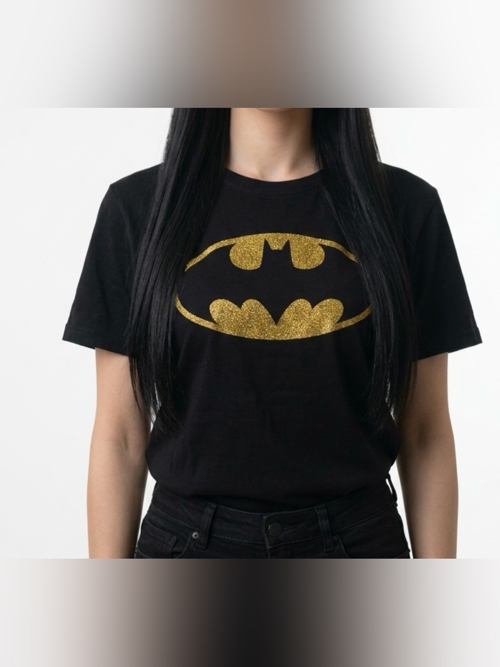 Batman Womens Black Tee with Yellow Batman Print